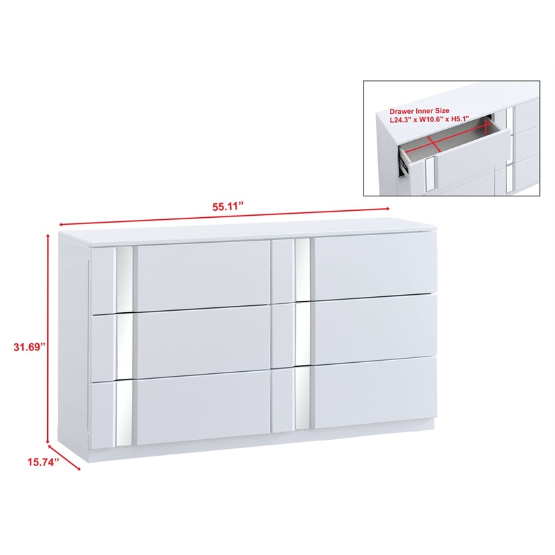 Best Master Furniture Denver Modern Mirrored 6-Drawer Dresser (White)