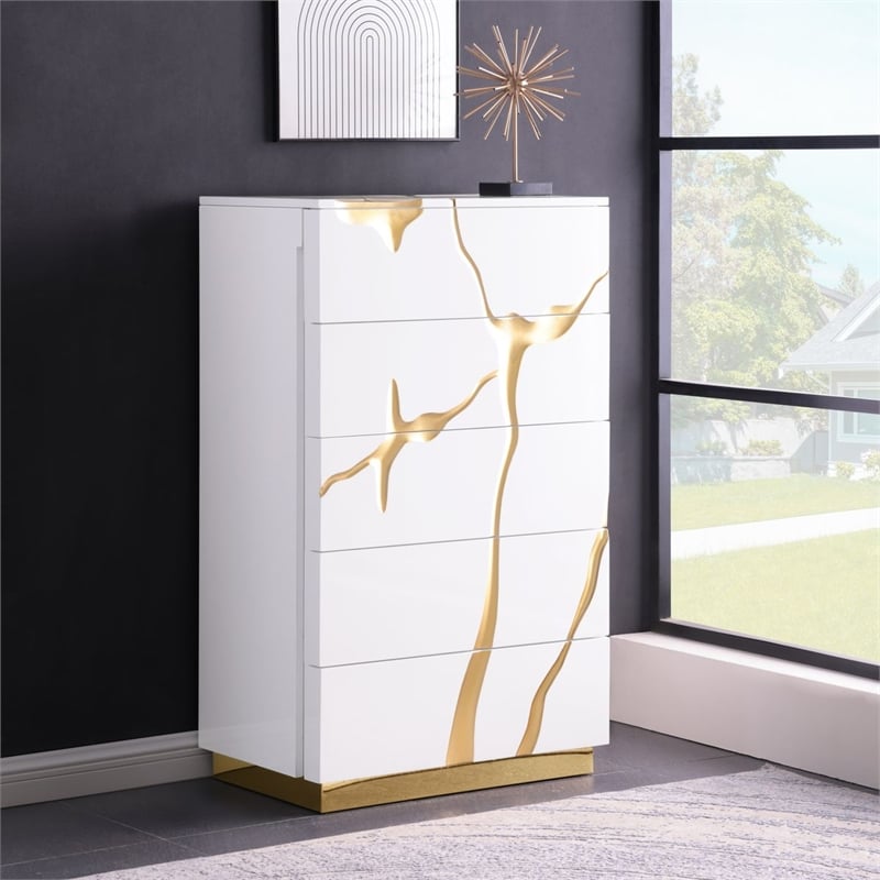 Best Master Furniture Trevello Modern Contemporary 5-Drawer Chest (White/Gold)