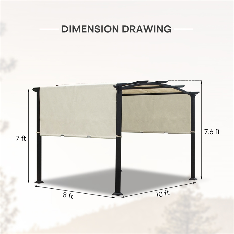 10x8 Pergola Gazebo Steel Frame Sun Shelter w/Retractable Canopy Shades ...