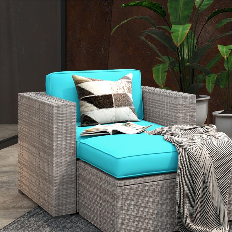 Cloud Mountain 6Pc Rattan Patio Conversation Set in Gray Wicker & Blue