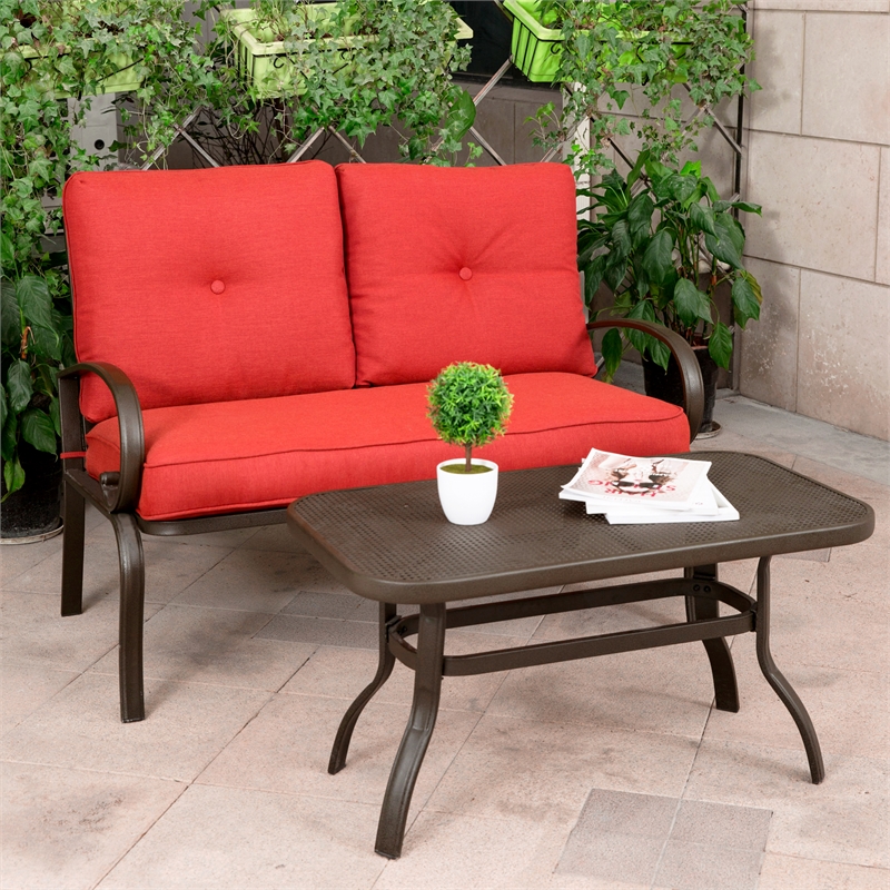 Patio Loveseat Outdoor 2 PCs Wrought Iron Furniture Set Brick Red Cymax Business