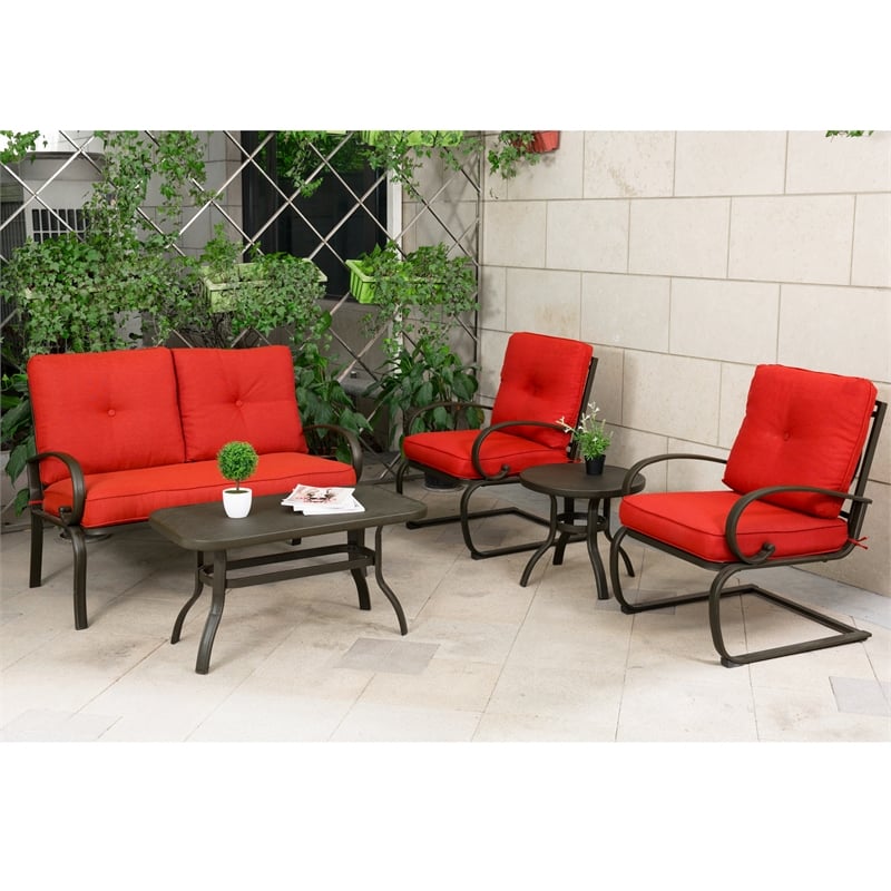 5 Piece Metal Conversation Set Wrought Iron Patio Set Red CM0001+CM0003