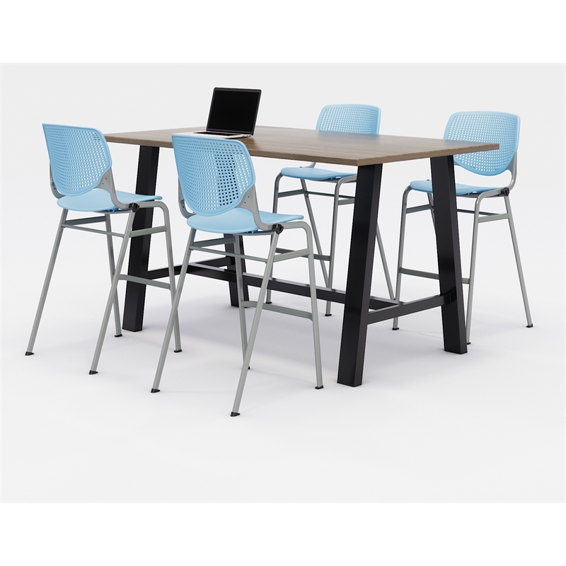 KFI Studios Midtown Bistro Dining Set - Teak Top - Sky Blue Chairs