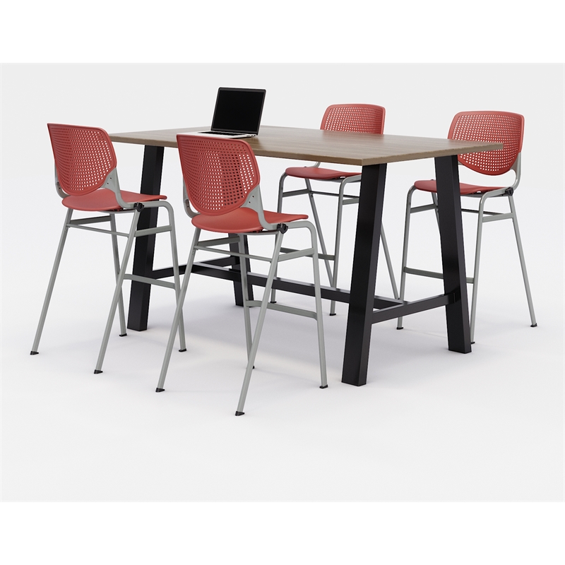 KFI Studios Midtown Bistro Dining Set - Teak Top - Coral Chairs