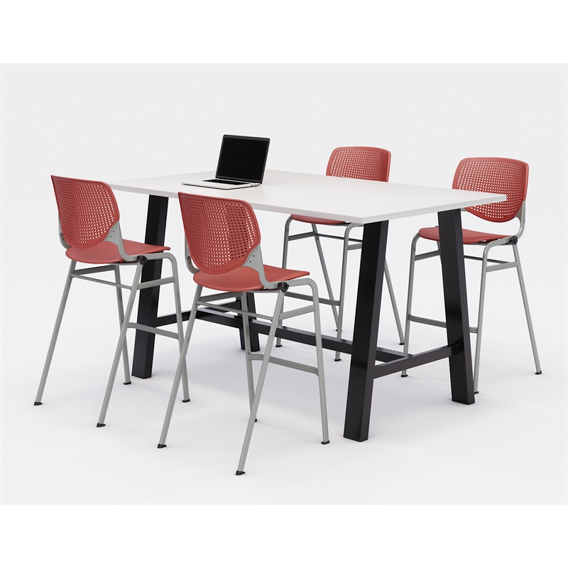 KFI Studios Midtown Bistro Dining Set - White Top - Coral Chairs