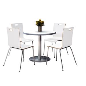 KFI Round 42&quot Pedestal Table - 4 White Stacking Chairs - Crisp Linen Top
