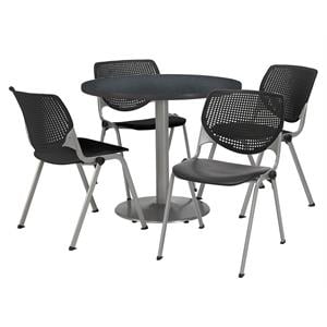 KFI Round 42&quot Pedestal Table - 4 Black KOOL Chairs - Graphite Nebula Top