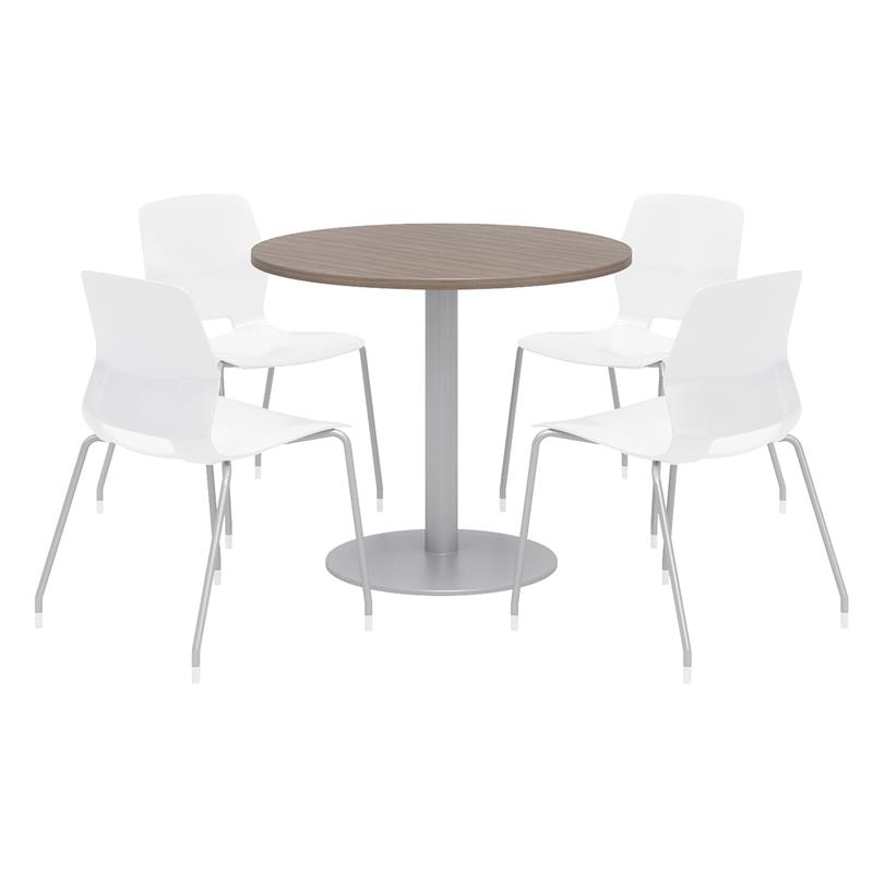 Olio Designs Round 36in Lola Dining Set - Teak - Table - White Chairs