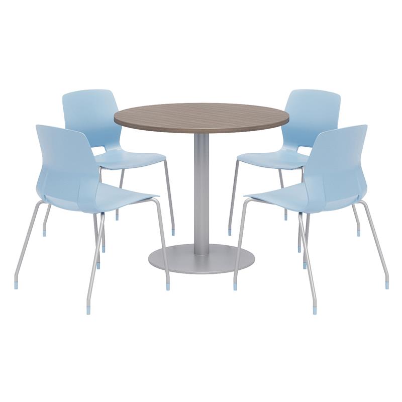 Olio Designs Round 36in Lola Dining Set - Teak Table - Sky Blue Chairs