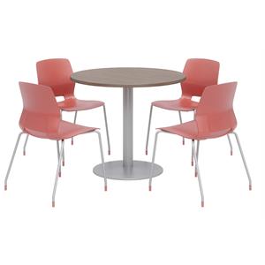 Olio Designs Round 36in Lola Dining Set - Teak Table - Coral Chairs