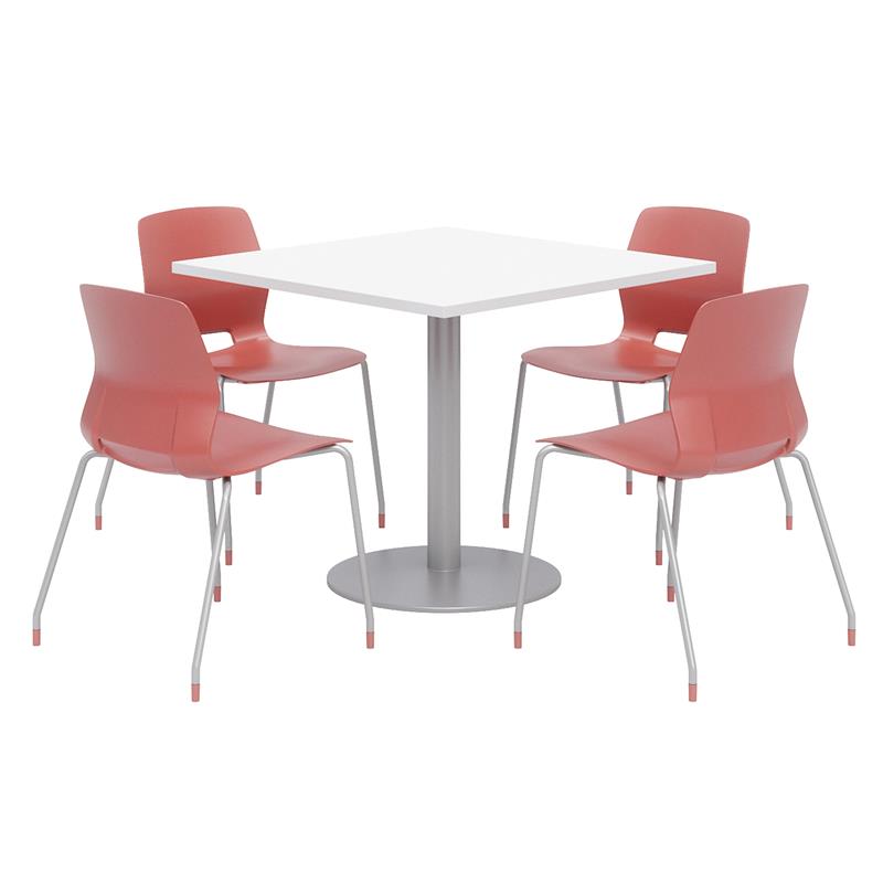 Olio Designs Square 36in Lola Dining Set - White Table - Coral Chairs