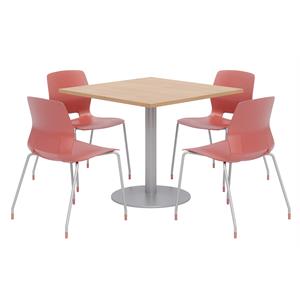 Olio Designs Square 42in Lola Dining Set - Maple Table - Coral Chairs