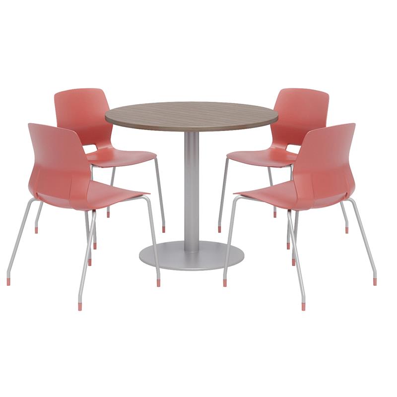 Olio Designs Round 42in Lola Dining Set - Teak Table - Coral Chairs