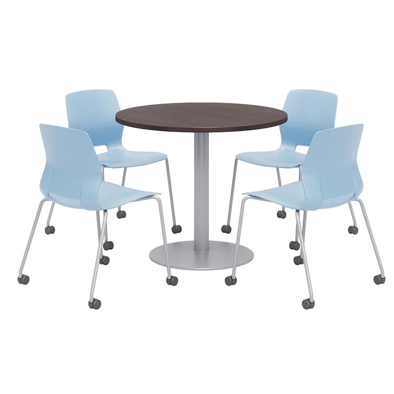 Olio Designs Espresso Round 36in Lola Dining Set - Blue Caster Chairs