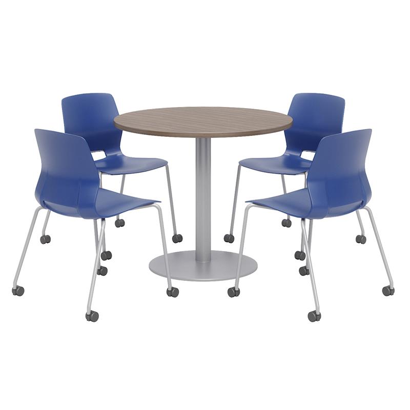 Olio Designs Teak Round 36in Lola Dining Set - Navy Caster Chairs