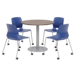 Olio Designs Teak Round 36in Lola Dining Set - Navy Caster Chairs