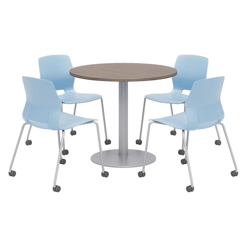 Olio Designs Teak Round 36in Lola Dining Set - Sky Blue Caster Chairs