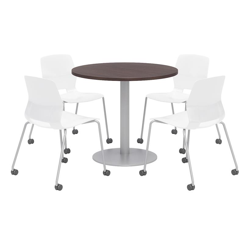 Olio Designs Espresso Round 42in Lola Dining Set - White Caster Chairs