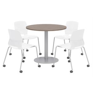 Olio Designs Teak Round 42in Lola Dining Set - White Caster Chairs