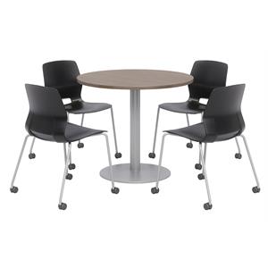 Olio Designs Teak Round 42in Lola Dining Set - Black Caster Chairs
