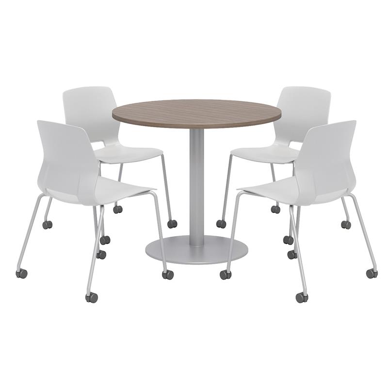 Olio Designs Teak Round 42in Lola Dining Set - Gray Caster Chairs