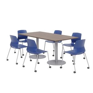 36 x 72&quot Table - 6 Lola Navy Caster Chairs - Teak Top - Silver Base