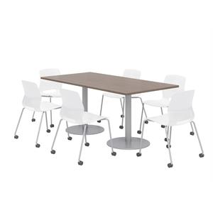 36 x 72&quot Table - 6 Lola White Caster Chairs - Teak Top - Silver Base