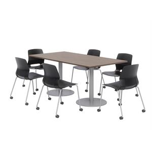 36 x 72&quot Table - 6 Lola Black Caster Chairs - Teak Top - Silver Base