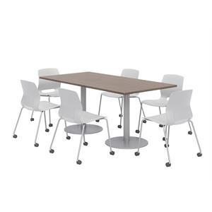 36 x 72&quot Table - 6 Lola Grey Caster Chairs - Teak Top - Silver Base