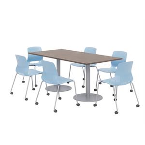36 x 72&quot Table - 6 Lola Sky Blue Caster Chairs - Teak Top - Silver Base