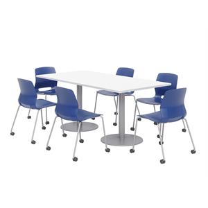 36 x 72&quot Table - 6 Lola Navy Caster Chairs - White Top - Silver Base
