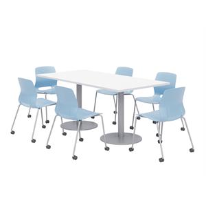 36 x 72&quot Table - 6 Lola Sky Blue Caster Chairs - White Top - Silver Base