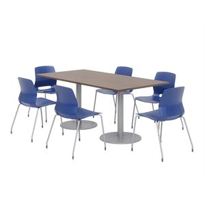 36 x 72&quot Table - 6 Navy Lola Chairs - Teak Top - Silver Base