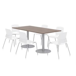 36 x 72&quot Table - 6 White Lola Chairs - Teak Top - Silver Base