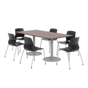 36 x 72&quot Table - 6 Black Lola Chairs - Teak Top - Silver Base