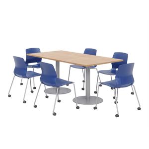 36 x 72&quot Table - 6 Lola Navy Caster Chairs - Maple Top - Silver Base