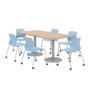 36 x 72&quot Table - 6 Lola Sky Blue Caster Chairs - Maple Top - Silver Base