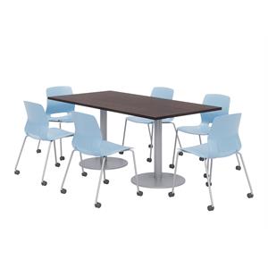 36 x 72&quot Table - 6 Lola Blue Caster Chairs - Espresso Top - Silver Base
