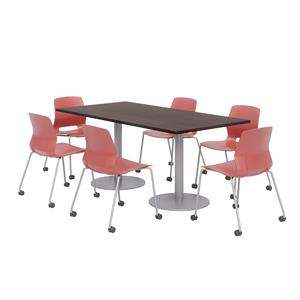 36 x 72&quot Table - 6 Lola Coral Caster Chairs - Espresso Top - Silver Base