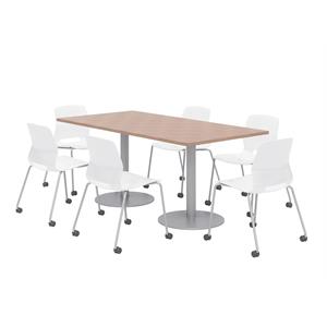 36 x 72&quot Table - 6 Lola White Caster Chairs - Cherry Top - Silver Base