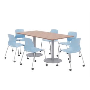 36 x 72&quot Table - 6 Lola Blue Caster Chairs - Cherry Top - Silver Base