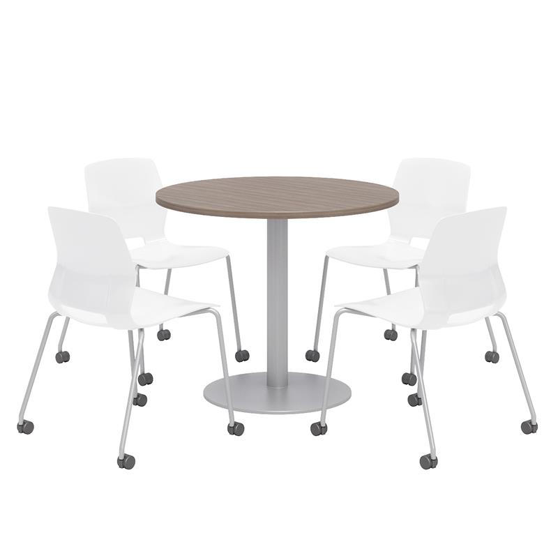 Olio Designs Teak Round 36in Lola Dining Set - White Caster Chairs