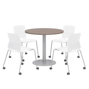 Olio Designs Teak Round 36in Lola Dining Set - White Caster Chairs