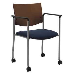 KFI Evolve Guest Chair - Arms - Casters - Navy fabric - Chocolate Wood Back