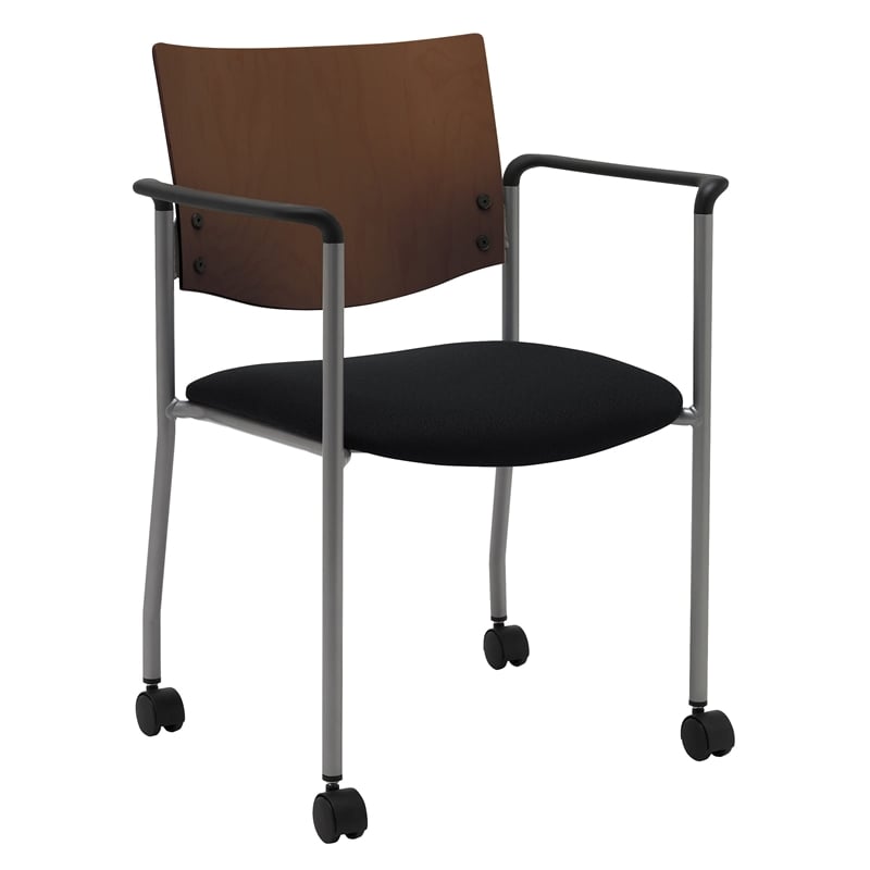 KFI Evolve Guest Chair - Arms - Casters - Black fabric - Chocolate Wood Back