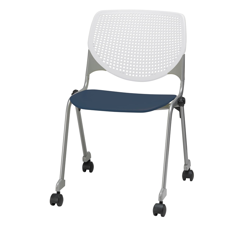 KFI KOOL Stack Chair - Casters - White Back - Navy Seat
