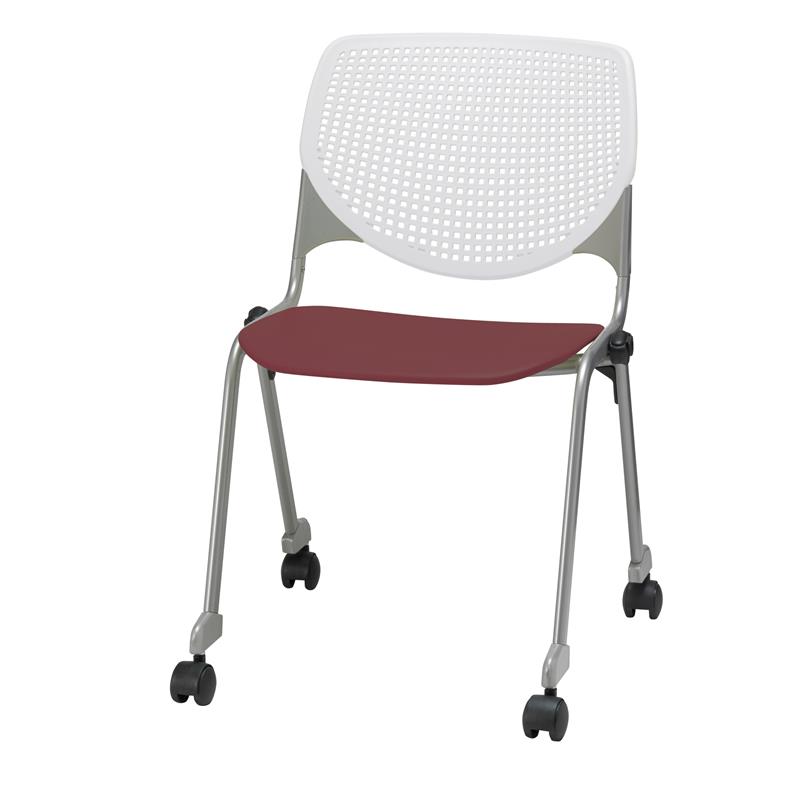 KFI KOOL Stack Chair - Casters - White Back - Burgundy Seat