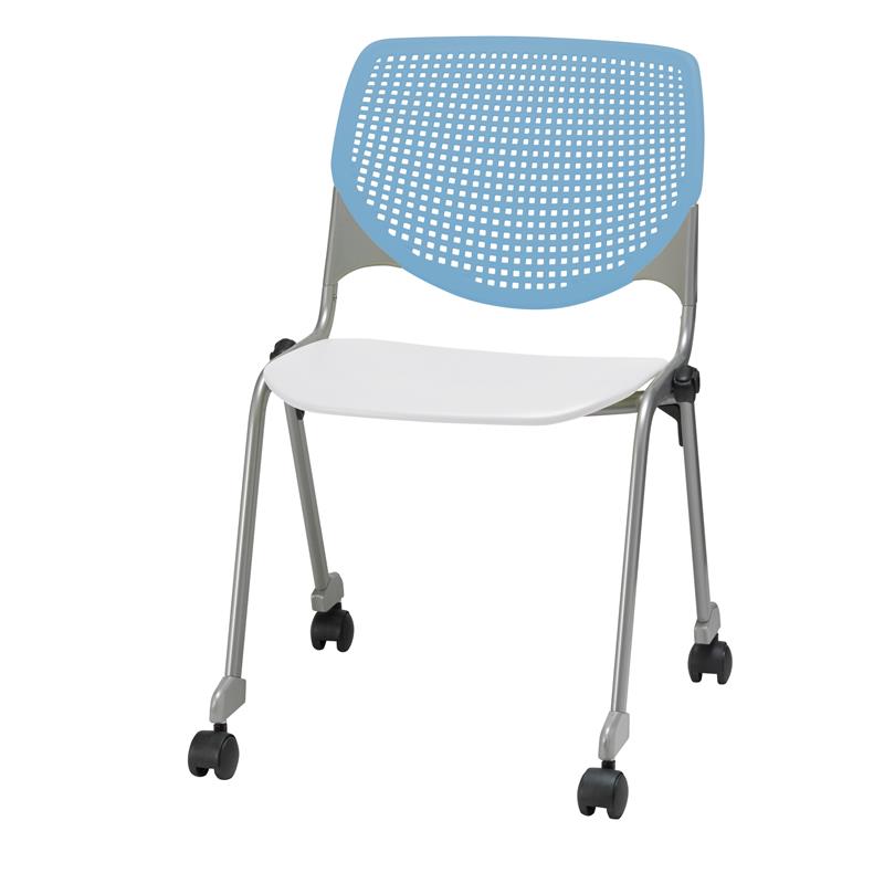 KFI KOOL Stack Chair - Casters - Sky Blue Back - White Seat