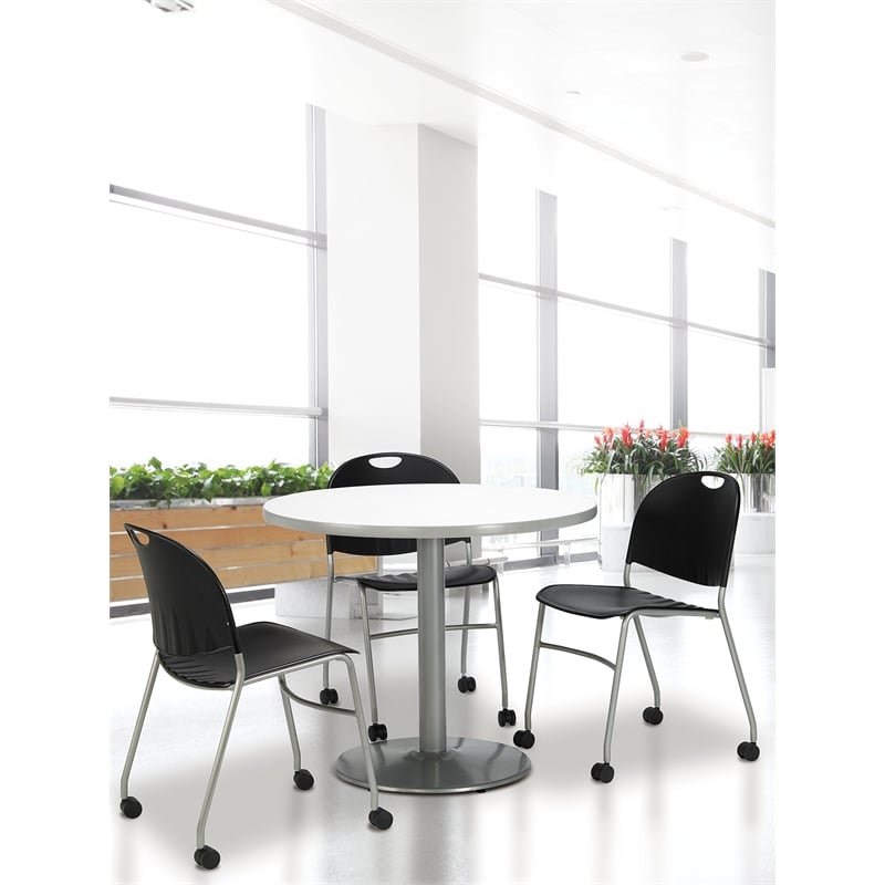 KFI Crisp Linen 36im Breakroom Table with Round Silver Base