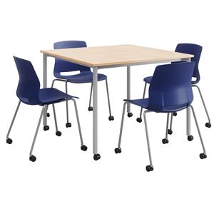 KFI Dailey 42in Square Dining Set - Natural Table - Navy Chairs w/Casters